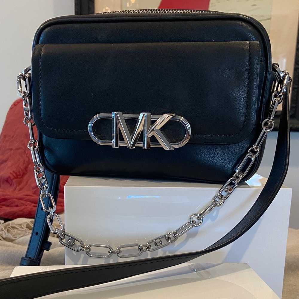 Michael Kors Parker Black Crossbody Bag with Silver Chain